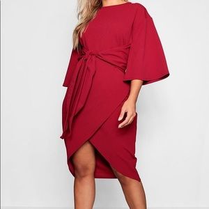 Boohoo kimono sleeve wrap over midi dress in berry
